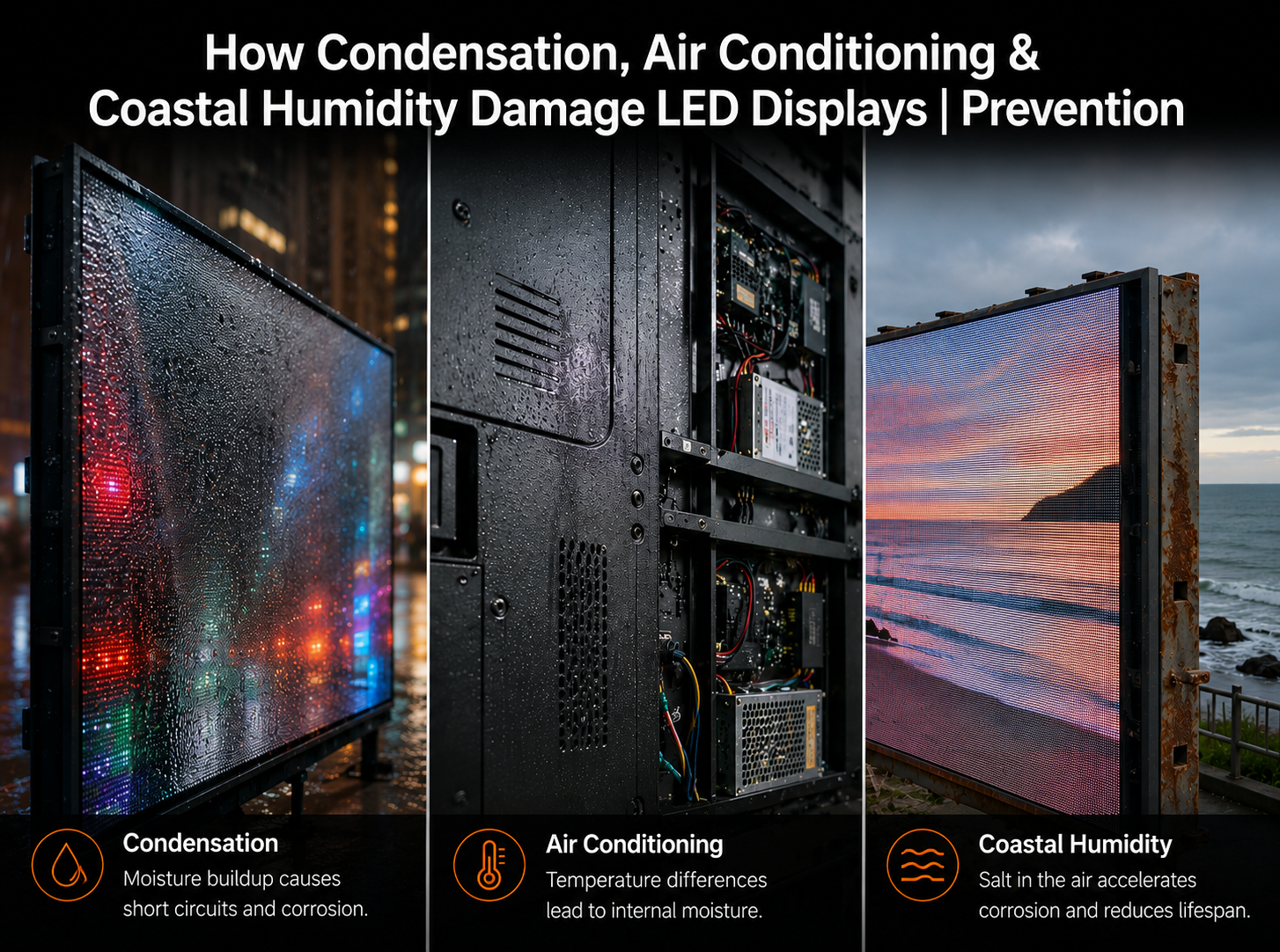 How Condensation, Air Conditioning & Coastal Humidity Damage LED Displays | Prevention Guide
