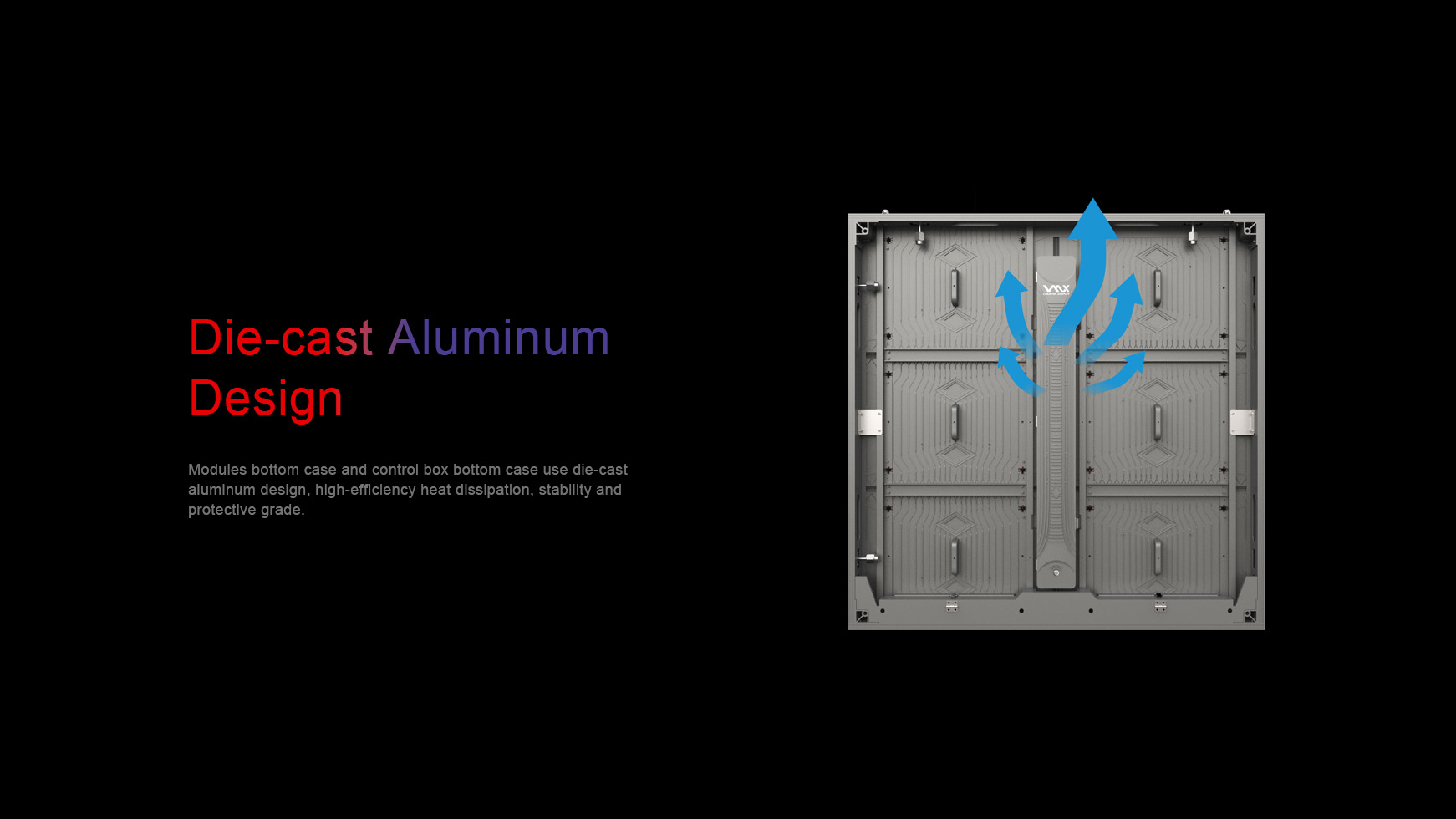 Die-cast aluminum design. Modules bottom case and control box bottom case use die-cast  aluminum design, high-efficiency heat dissipation, stability and  protective grade.