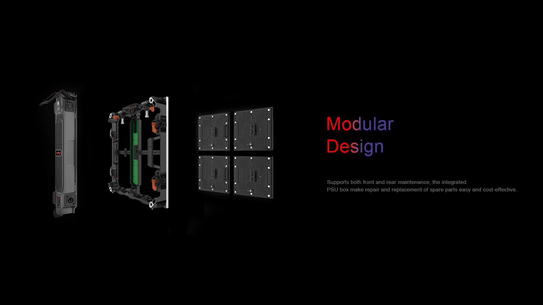 Modular Design. Supports both front and rear maintenance, the integrated  PSU box make repair and replacement of spare parts easy and cost-effective.