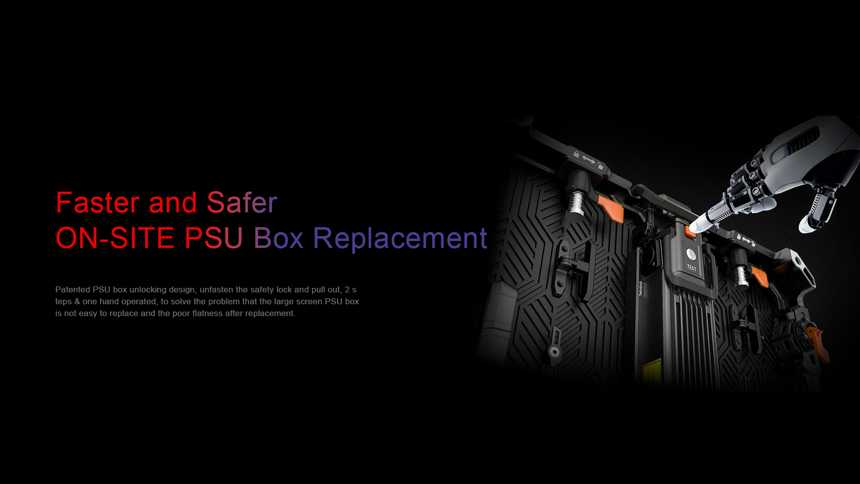 Faster and Safer ON-SITE PSU box replacement. Patented PSU box unlocking design, unfasten the safety lock and pull out, 2 s teps & one hand operated, to solve the problem that the large screen PSU box  is not easy to replace and the poor flatness after replacement.