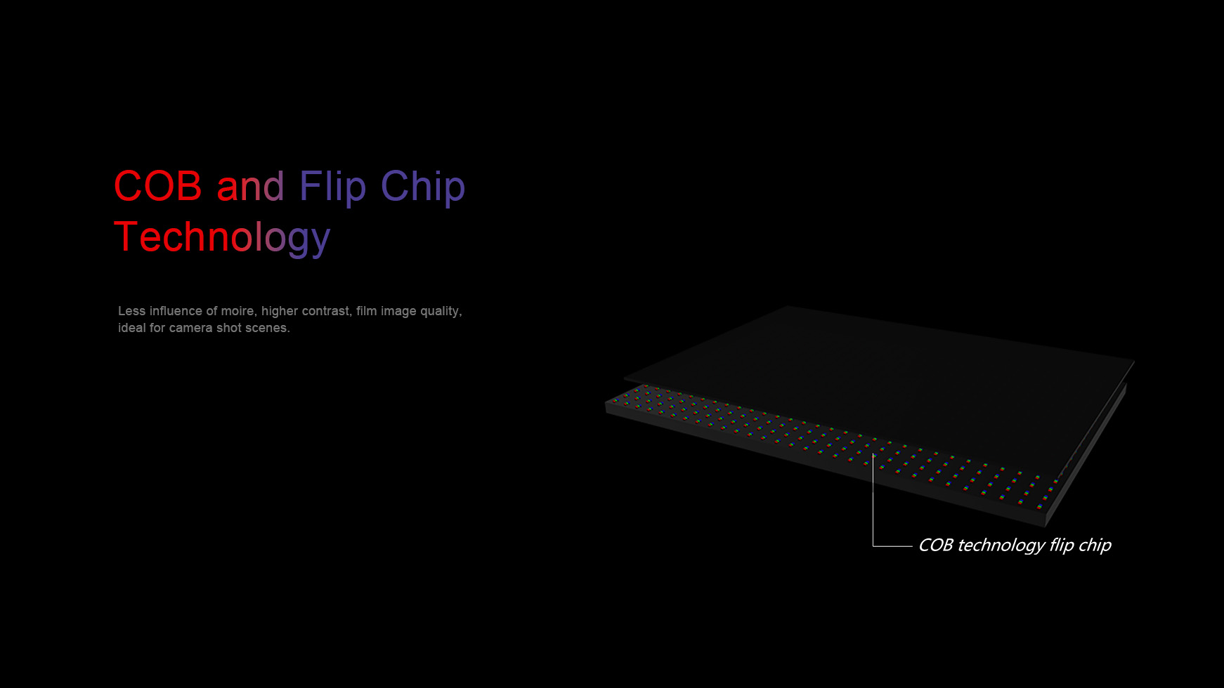 COB and Flip Chip  Technology. Less influence of moire, higher contrast, film image quality,  ideal for camera shot scenes.