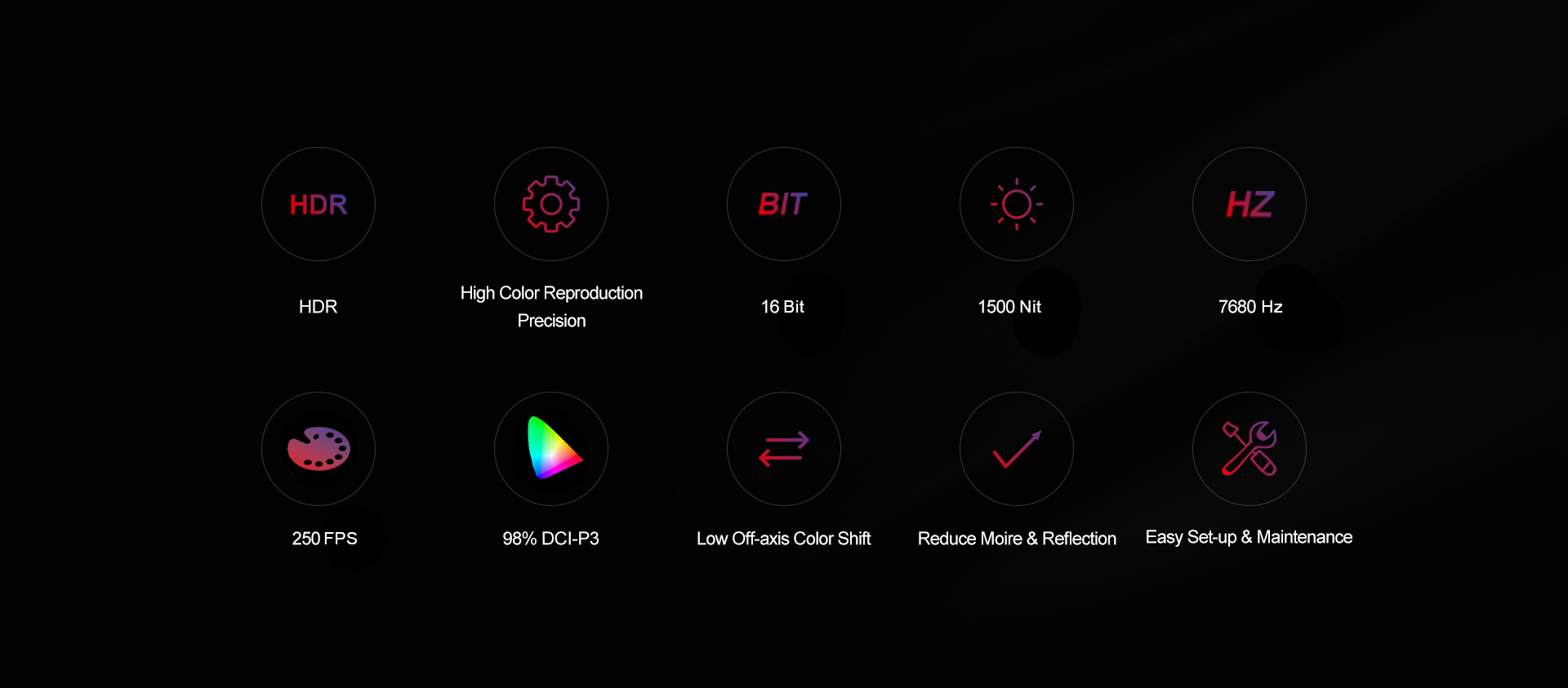 HDR,High color reproduction precision,16 bit,1500nits,7680 Hz,250 Hz,98% DCI-P3,Low off-axis color shift,Reduce moire & reflection,Easy set-up & maintenance