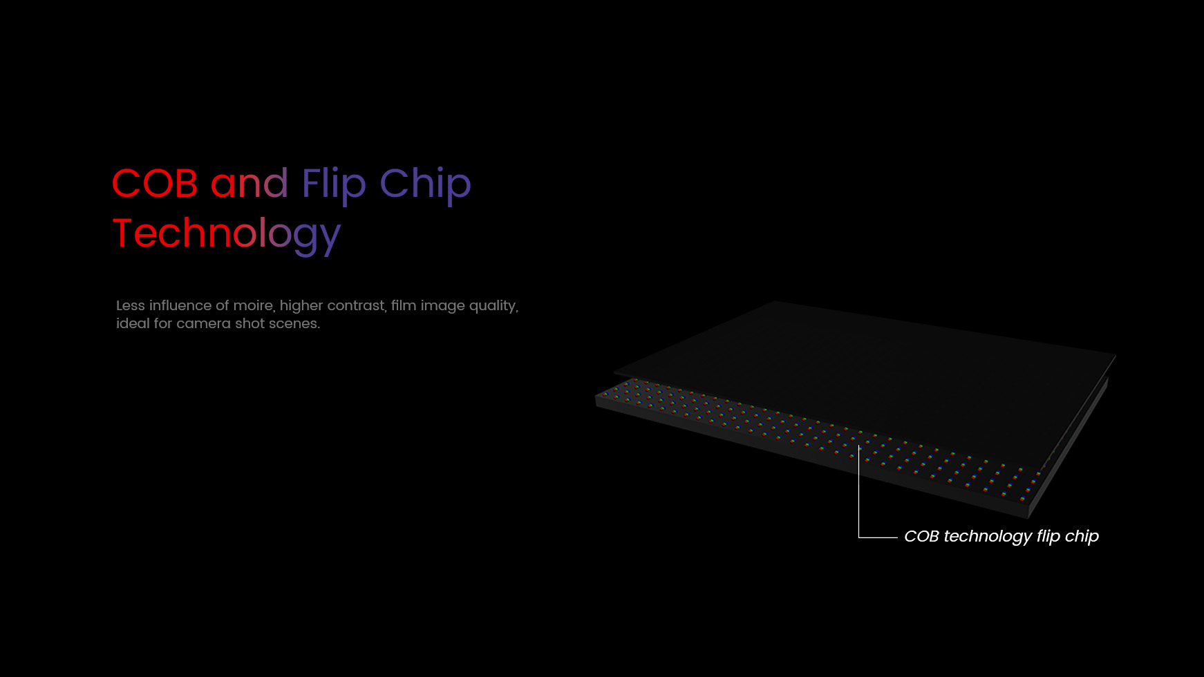 COB and Flip Chip  Technology. Less influence of moire, higher contrast, film image quality,  ideal for camera shot scenes.