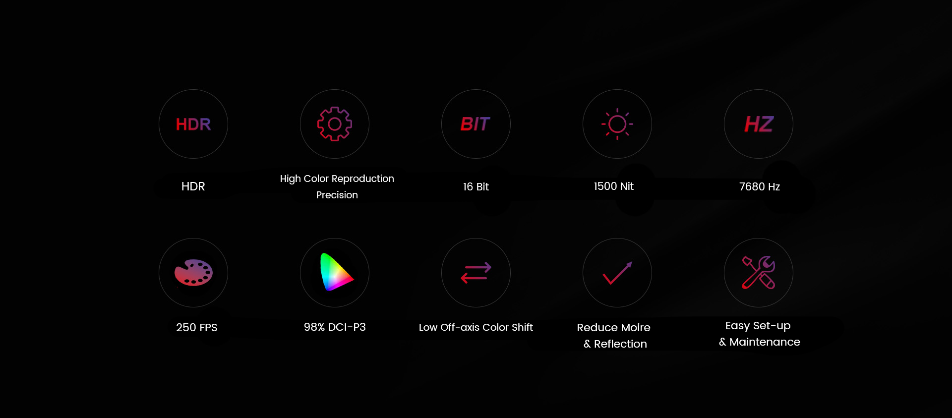 HDR,High color reproduction precision,16 bit,1500nits,7680 Hz,250 Hz,98% DCI-P3,Low off-axis color shift,Reduce moire & reflection,Easy set-up & maintenance