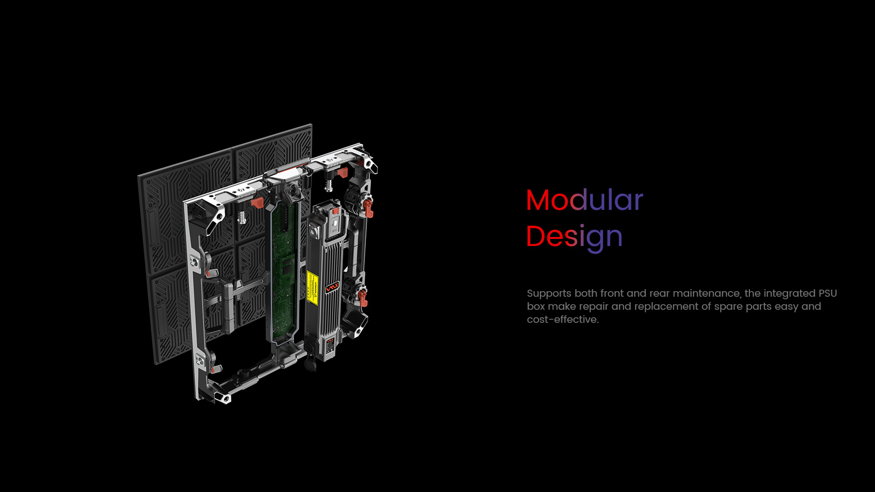 Modular Design. Supports both front and rear maintenance, the integrated  PSU box make repair and replacement of spare parts easy and cost-effective.