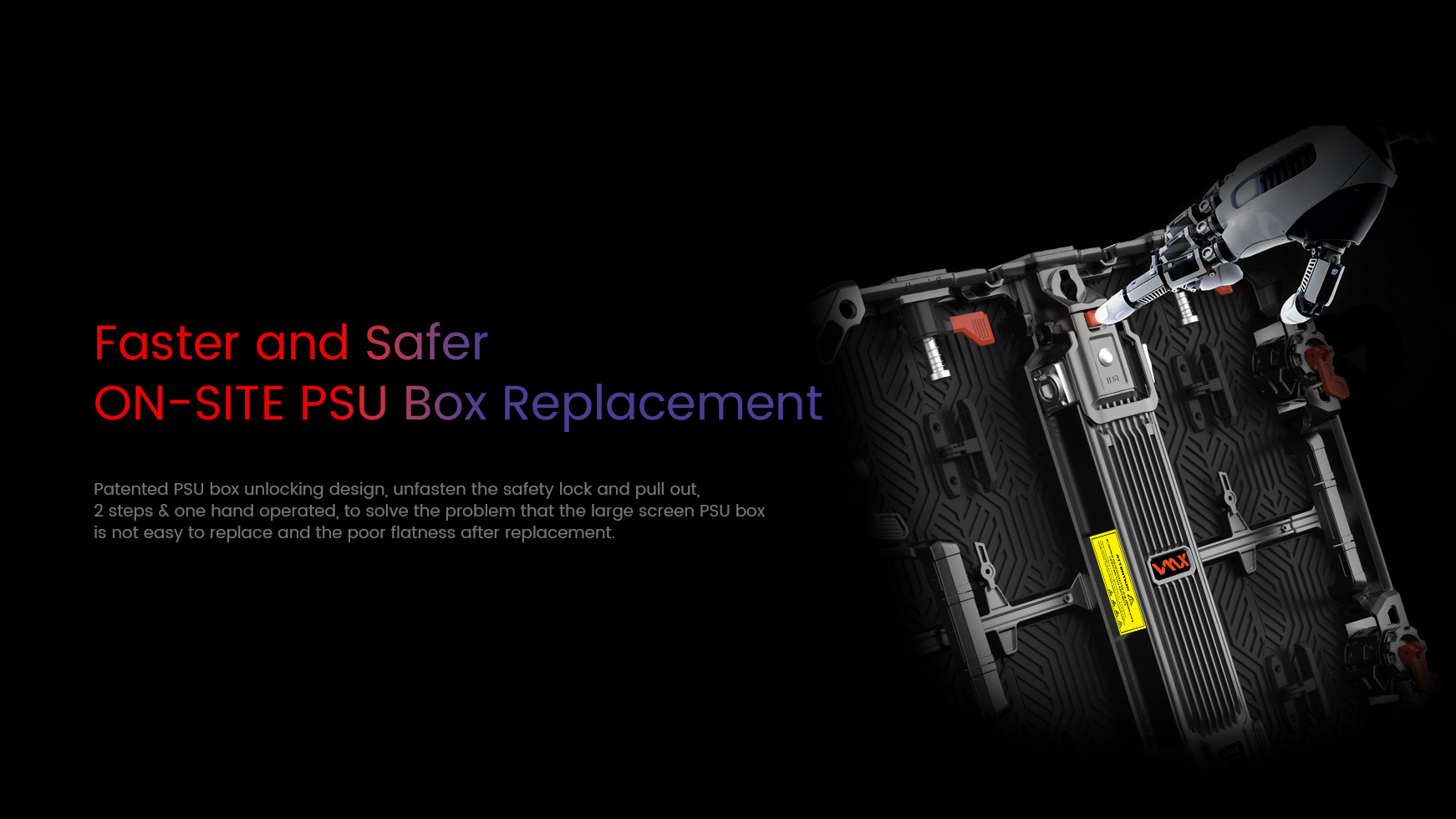 Faster and Safer ON-SITE PSU box replacement. Patented PSU box unlocking design, unfasten the safety lock and pull out, 2 s teps & one hand operated, to solve the problem that the large screen PSU box  is not easy to replace and the poor flatness after replacement.